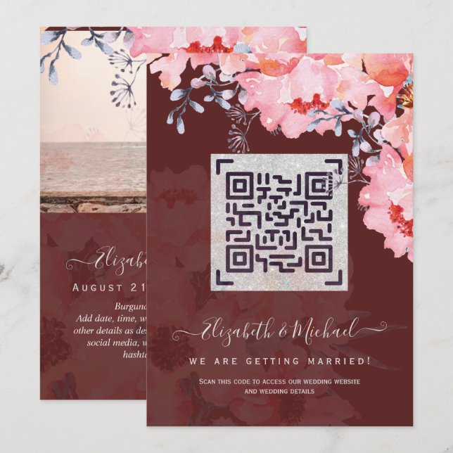 Burgundy QR SCANNING CODE Wedding Website Invites (Front/Back)