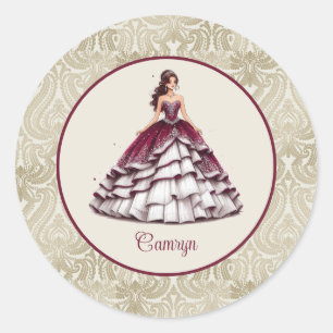 Burgundy Quinceañera Dress Classic Round Sticker
