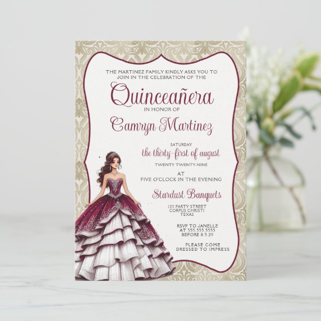 Burgundy Quinceañera Dress Invitation (Standing Front)