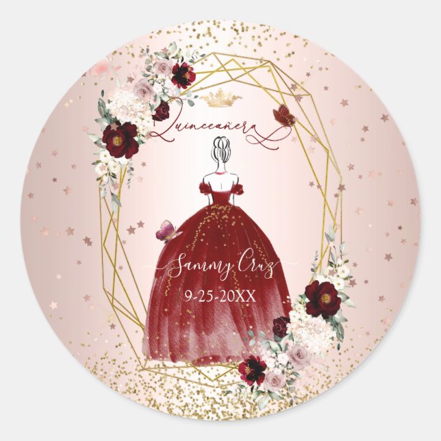 Burgundy Quinceanera H2 Flowers Dusty Rose Blush Classic Round Sticker (Front)