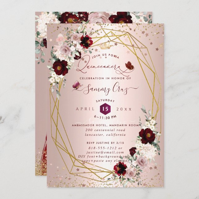 Burgundy Quinceanera H2 Flowers Dusty Rose Blush I Invitation (Front/Back)