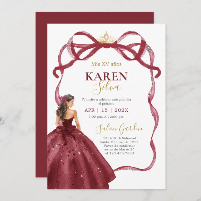 Burgundy Quinceanera Invitation (Front/Back)