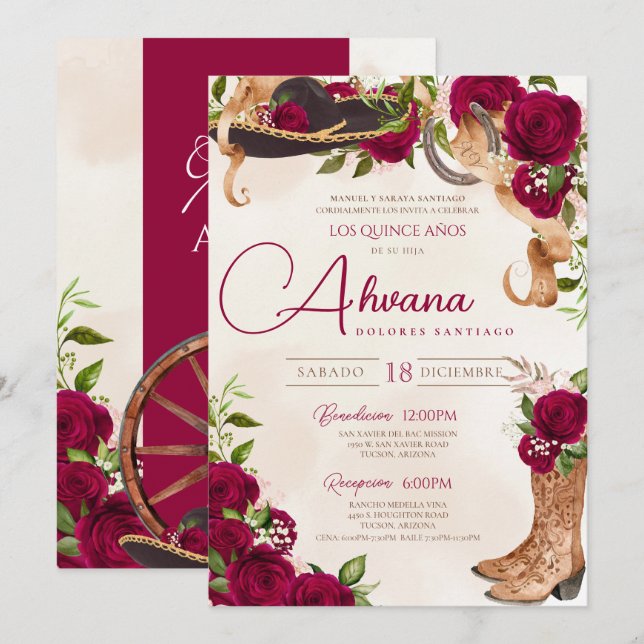 Burgundy Quinceanera Roses Vintage Charro Western Invitation (Front/Back)