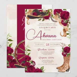 Burgundy Quinceanera Roses Vintage Charro Western Invitation