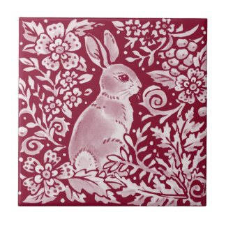 Burgundy Rabbit Bunny Woodland Floral Art Tile