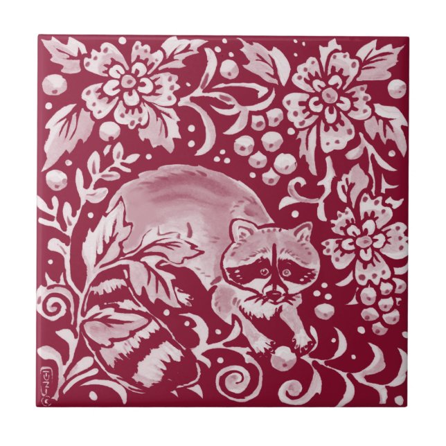 Burgundy Racoon Woodland Forest Animal Floral Tile (Front)