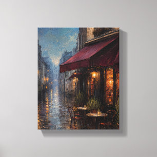 Burgundy Rain Café – Romantic Cityscape Canvas Print