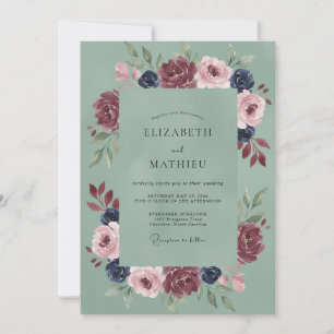 Burgundy Ranunculus Sage Eucalyptus Wedding Invitation
