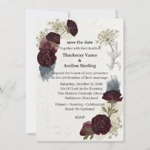 Burgundy Ranunculus, Watercolor Foliage, Botanical Invitation