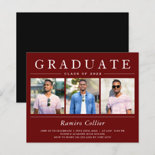 Burgundy Red 3 Photo Graduation Invitations