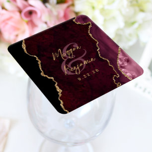 Burgundy Red Agate Gold Script Wedding Square Paper Coaster