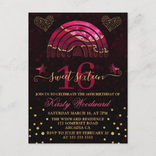 Burgundy Red Agate Rainbow & Hearts Sweet 16 Postcard