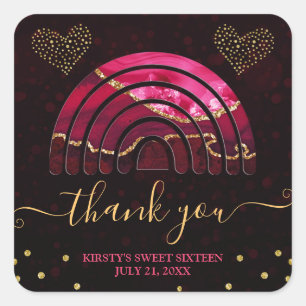 Burgundy Red Agate Rainbow & Hearts Sweet 16 Square Sticker