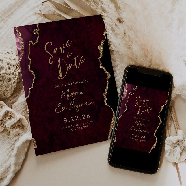 Burgundy Red Agate Script Wedding Save the Date (Creator Uploaded)
