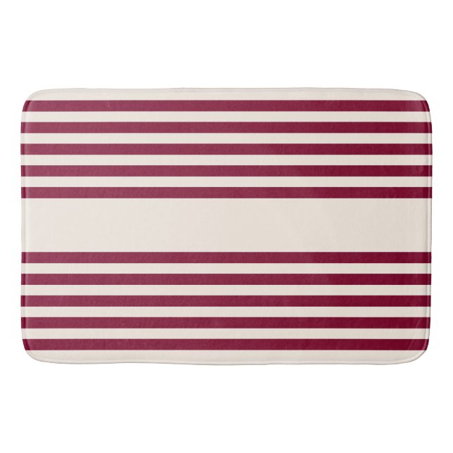 Burgundy red and beige five stripe pattern bath mat (Front)