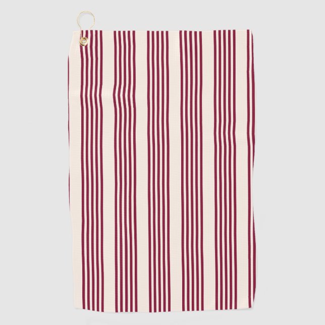 Burgundy red and beige five stripe pattern golf towel (Front)