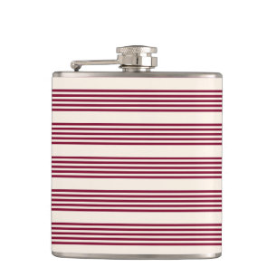 Burgundy red and beige five stripe pattern hip flask