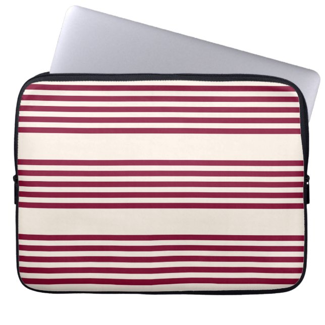 Burgundy red and beige five stripe pattern laptop sleeve (Front)