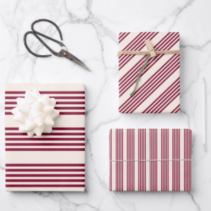 Burgundy red and beige five stripe pattern wrapping paper sheet