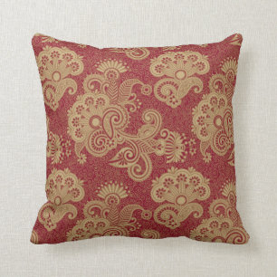 Burgundy Red And Beige Floral Swirls Design Cushion