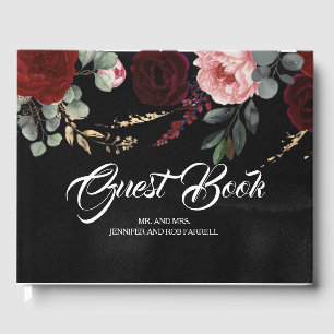 Burgundy Red and Black Floral Wedding Guest Book