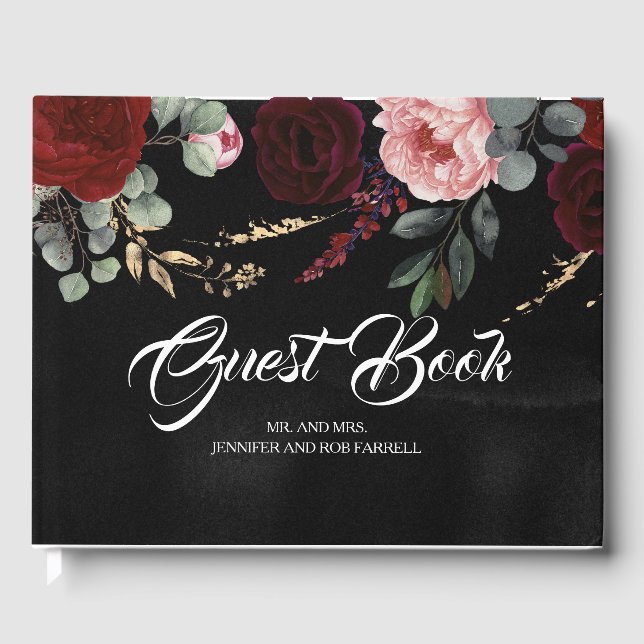Burgundy Red and Black Floral Wedding Guest Book (Front)