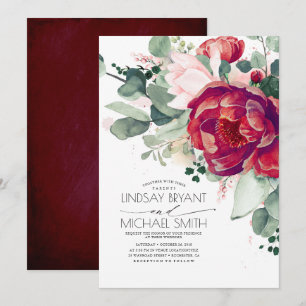 Burgundy Red and Blush Floral Elegant Boho Wedding Invitation