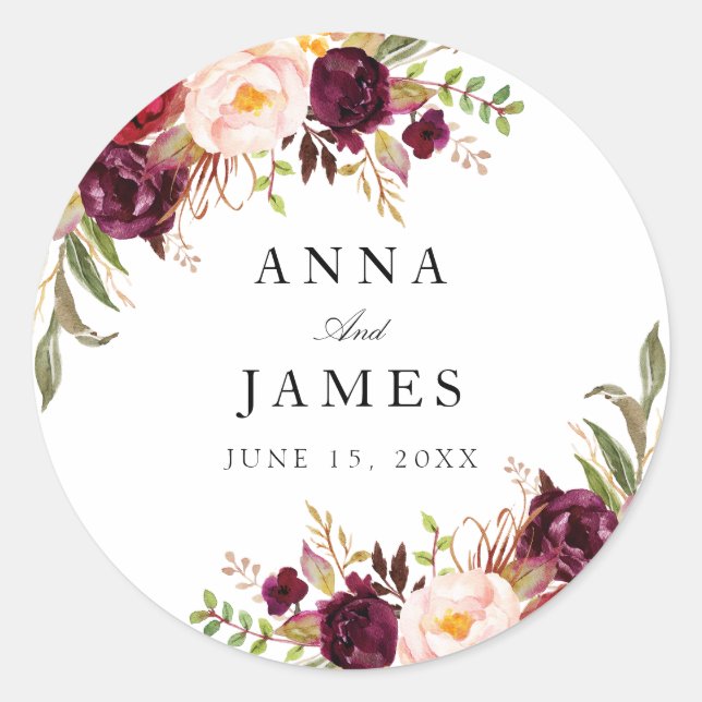 burgundy red and blush floral wedding classic round sticker (Front)