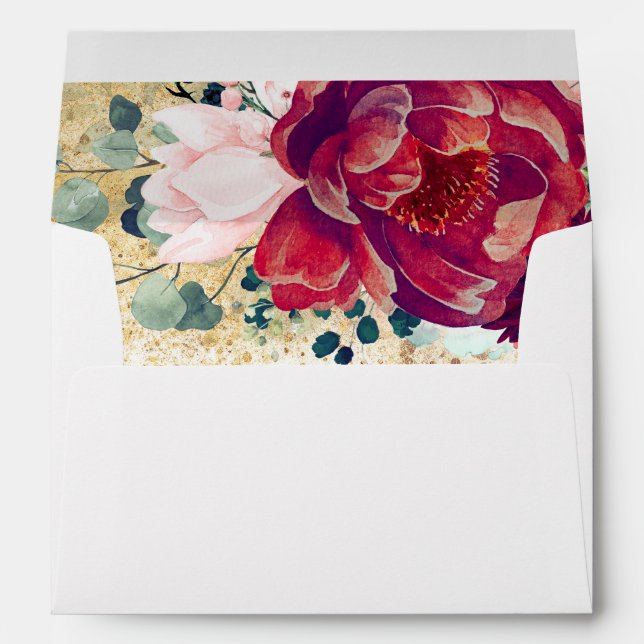 Burgundy Red and Blush Flowers Gold Glitter Envelope (Back (Bottom))