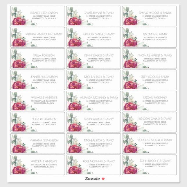 Burgundy Red and Blush Guest Names Address Labels (Sheet)