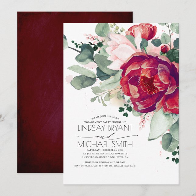 Burgundy Red and Blush Pink Flora Engagement Party Invitation (Front/Back)