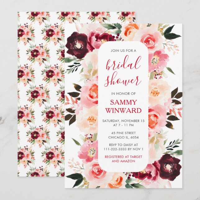 Burgundy Red and Blush Pink Floral Bridal Shower Invitation (Front/Back)