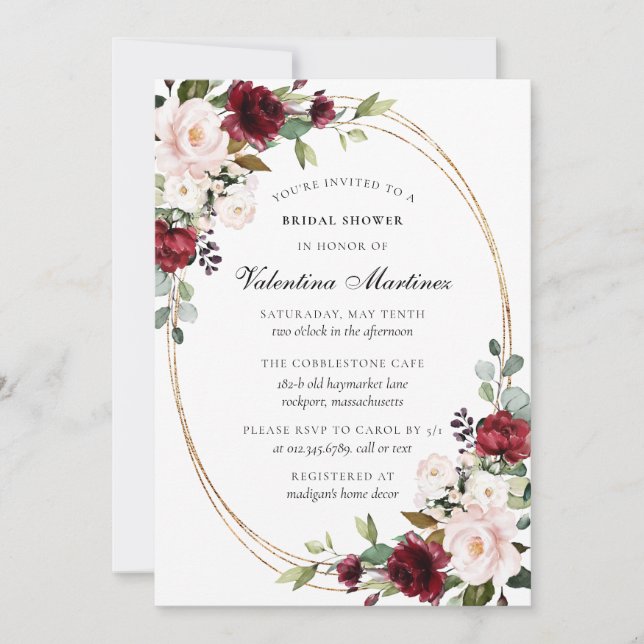 Burgundy Red and Blush Pink Floral Bridal Shower Invitation (Front)