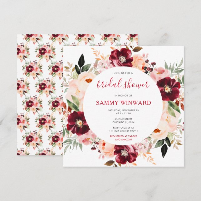 Burgundy Red and Blush Pink Floral Bridal Shower Invitation (Front/Back)