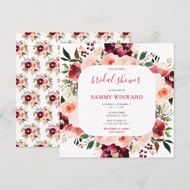 Burgundy Red and Blush Pink Floral Bridal Shower Invitation (Front/Back)