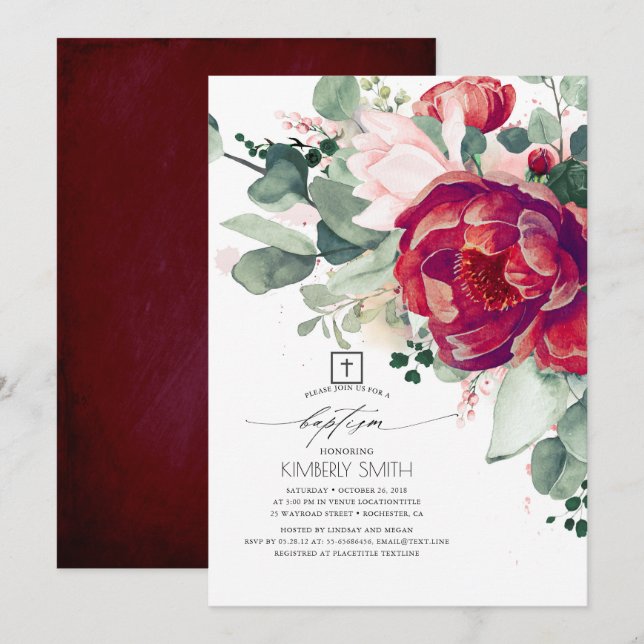 Burgundy Red and Blush Pink Floral Elegant Baptism Invitation (Front/Back)