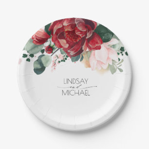 Burgundy Red and Blush Pink Floral Elegant Wedding Paper Plate
