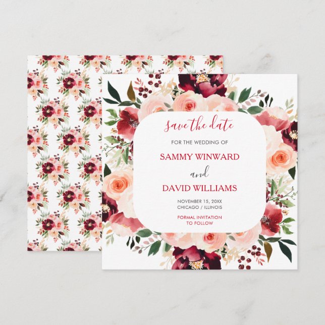 Burgundy Red and Blush Pink Floral Save The Date (Front/Back)