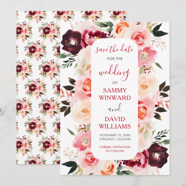 Burgundy Red and Blush Pink Floral Save The Date (Front/Back)