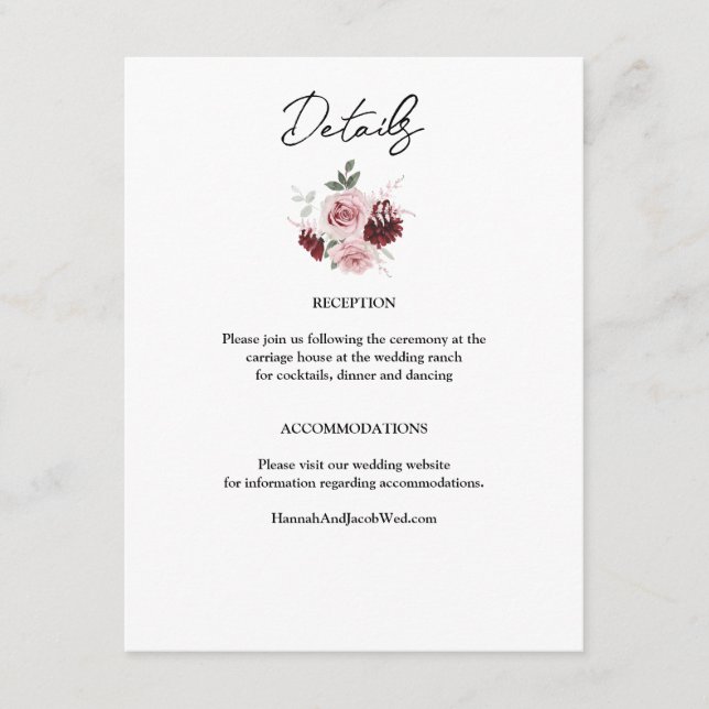 Burgundy Red and Blush Pink Floral Wedding Enclosure Card (Front)