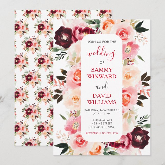 Burgundy Red and Blush Pink Floral Wedding Invitation (Front/Back)