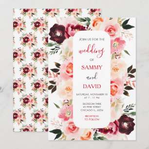 Burgundy Red and Blush Pink Floral Wedding Invitation