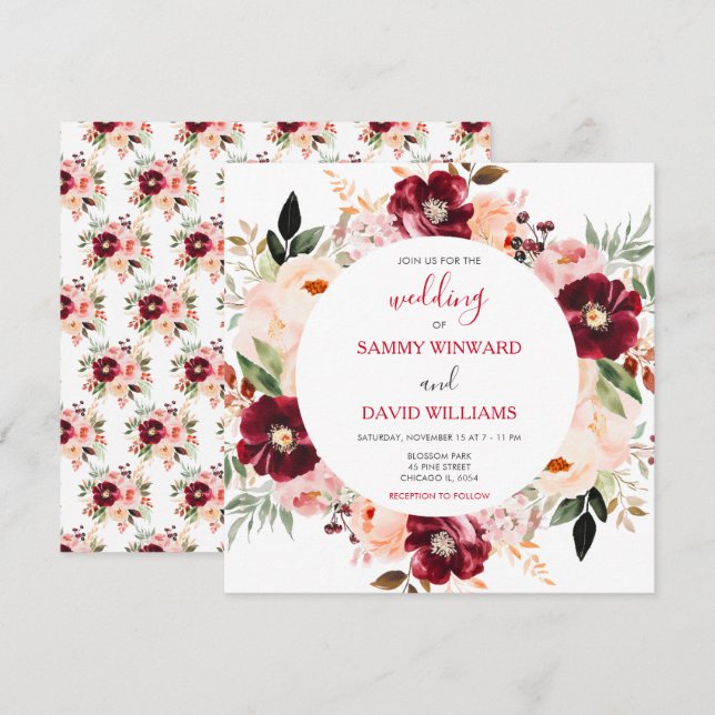 Burgundy Red and Blush Pink Floral Wedding Invitation (Front/Back)