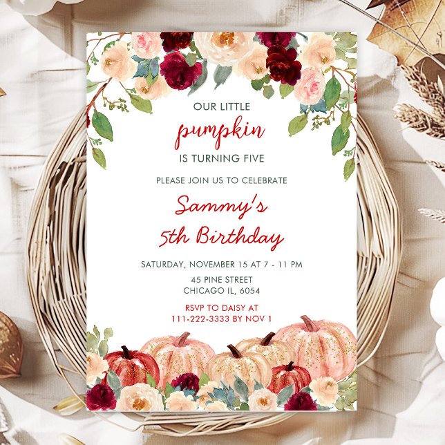 Burgundy Red and Blush Pumpkins Birthday Party Invitation (Creator Uploaded)