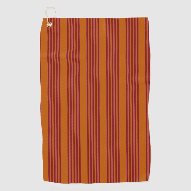 Burgundy red and burnt orange five stripe pattern. golf towel (Front)