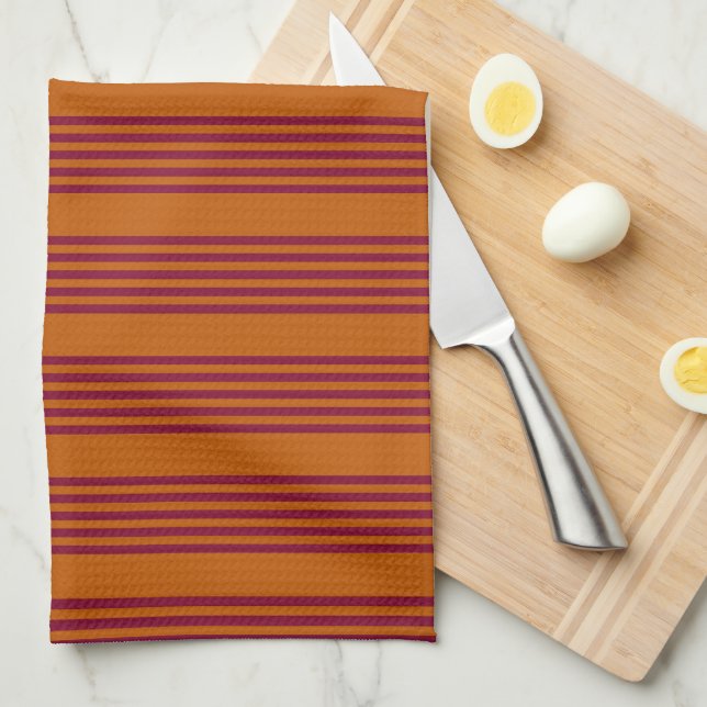 Burgundy red and burnt orange five stripe pattern. tea towel (Quarter Fold)