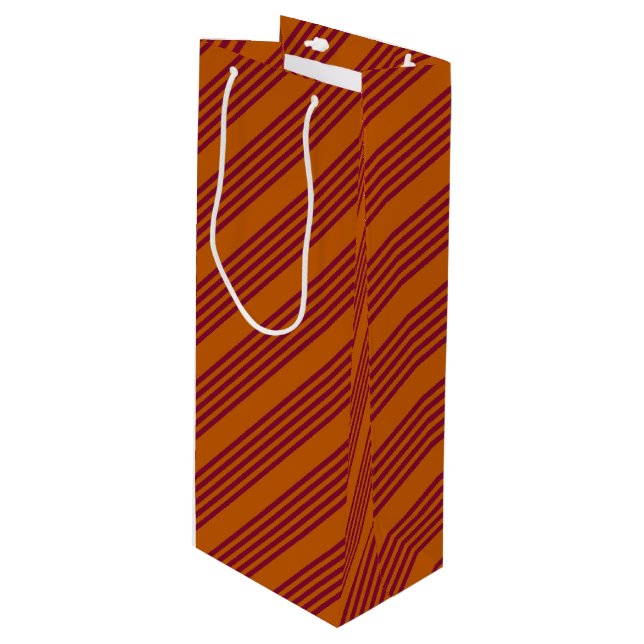 Burgundy red and burnt orange five stripe pattern. wine gift bag (Front Angled)