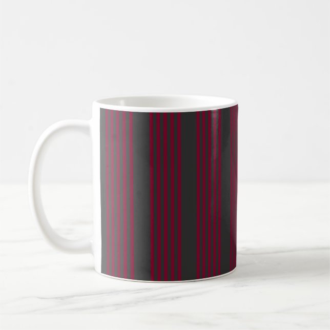 Burgundy red and charcoal five stripe pattern coffee mug (Left)