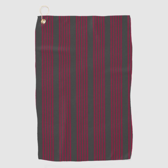 Burgundy red and charcoal five stripe pattern golf towel (Front)
