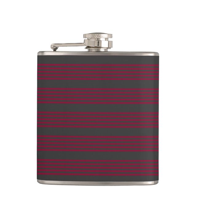 Burgundy red and charcoal five stripe pattern hip flask (Front)